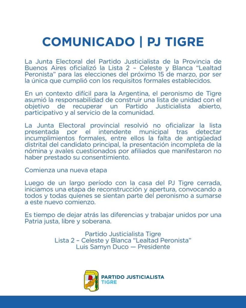 Tigre: Bajan lista de Zamora en la interna del PJ