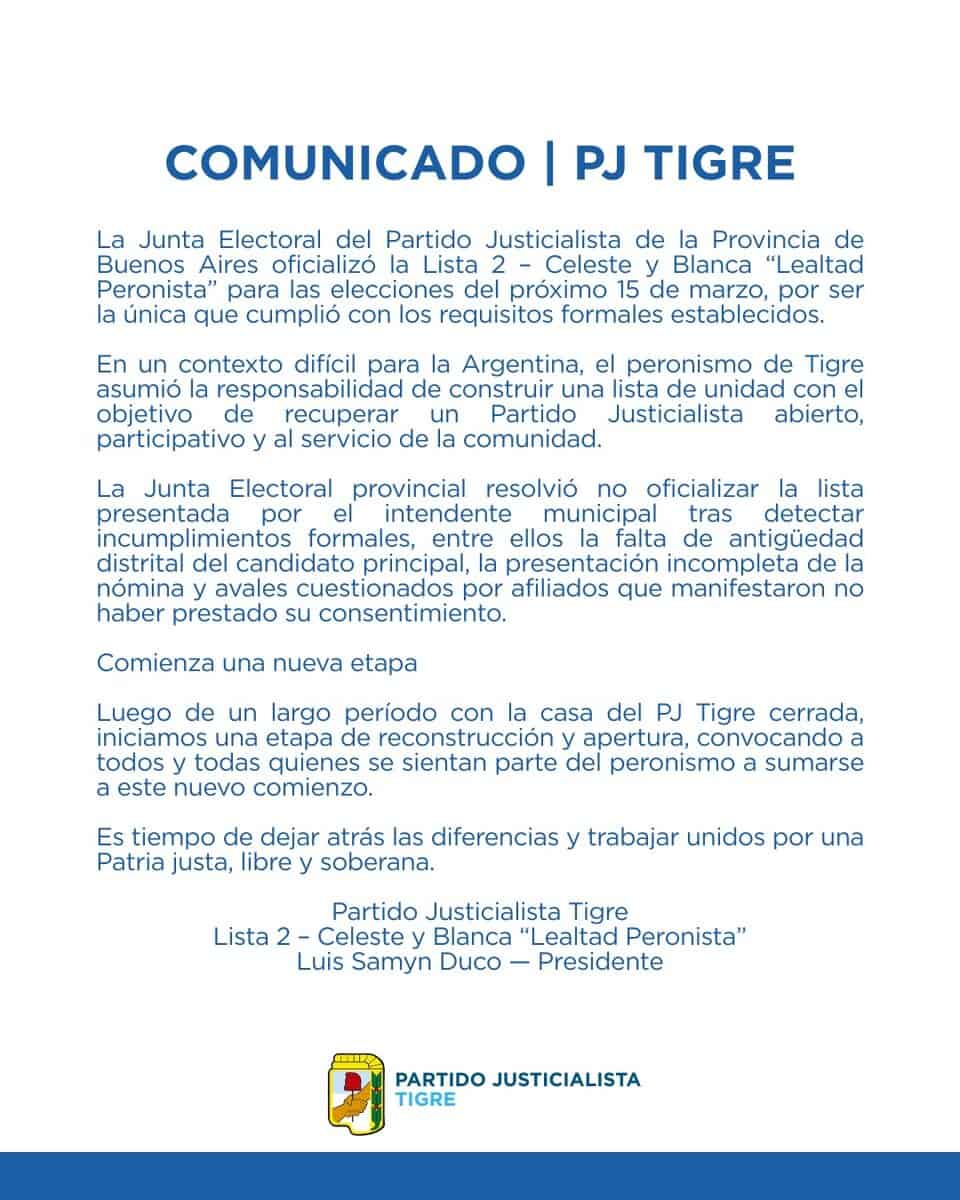 Tigre: Bajan lista de Zamora en la interna del PJ