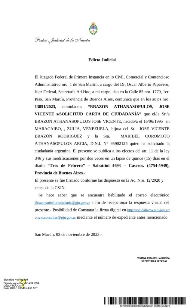 Edicto Judicial: “BRAZON ATHANASOPULOS, JOSE VICENTE s/SOLICITUD CARTA DE…