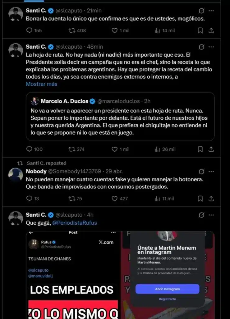 Interna libertaria: Caputo acusa a Menem de operar cuentas fake