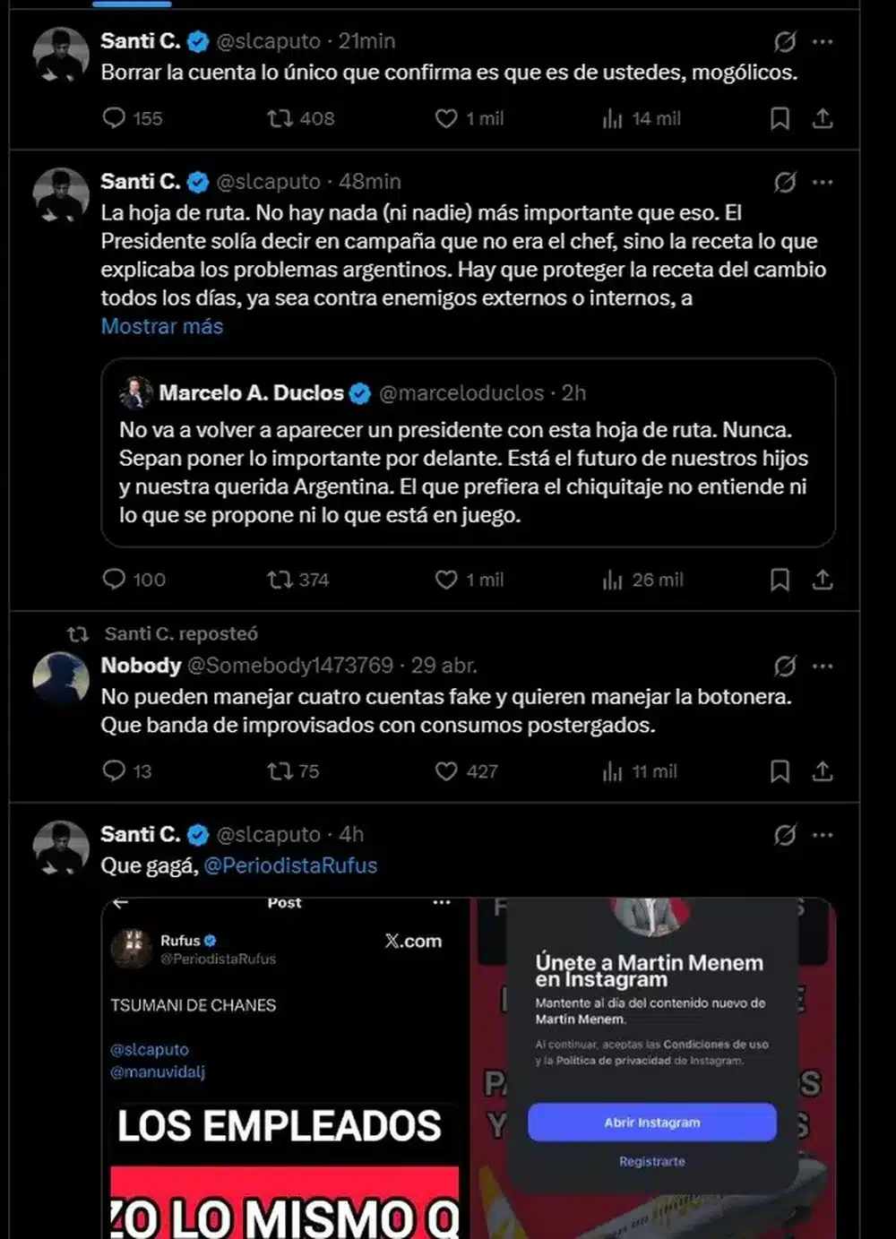Interna libertaria: Caputo acusa a Menem de operar cuentas fake