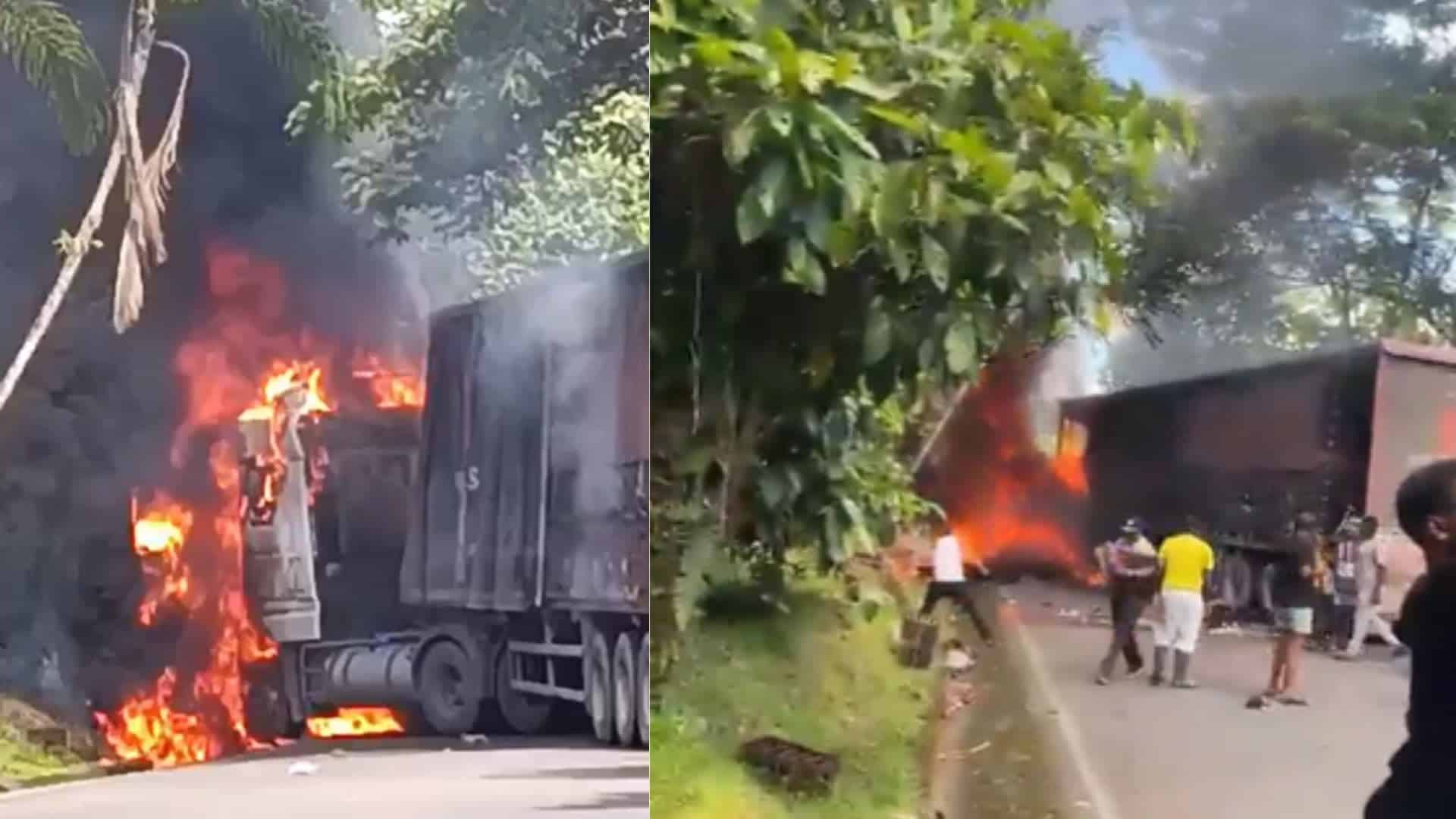 Incendian camión de cerveza y montan retén ilegal en vía colombiana